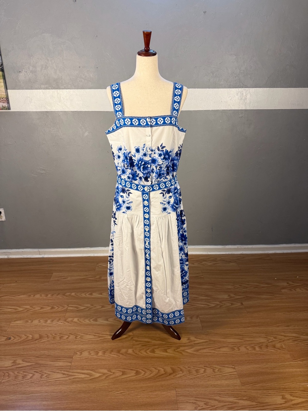 Lands' End Poplin Floral Mosaic Midi Skirt and Top Blue and White